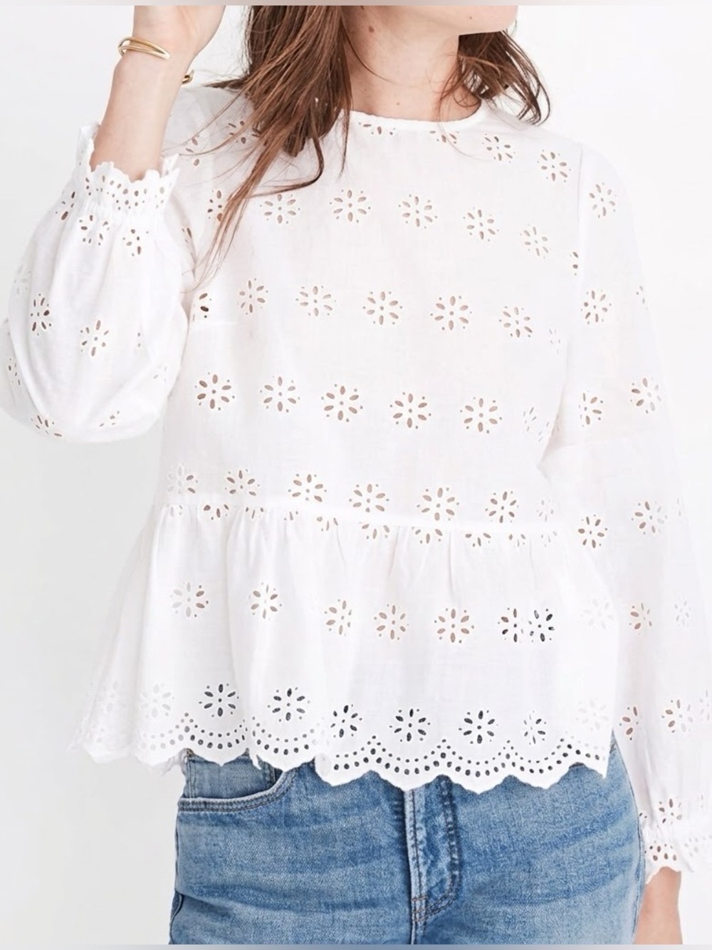 Madewell NWT White Cotton Eyelet Keyhole Peplum Top L⁠
